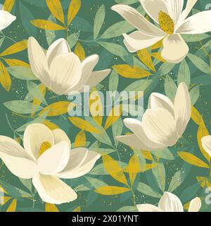 Handgemaltes nahtloses Blumenmuster in warmen Farben mit weißen Magnolienblüten und Blättern Stockfoto