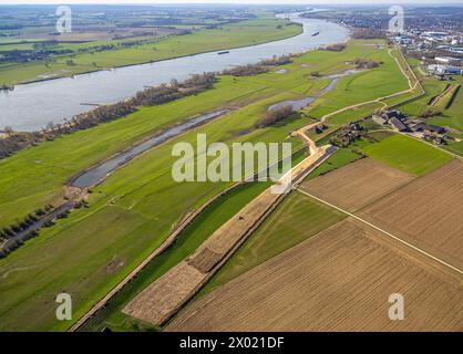 Luftaufnahme, Deich zwischen Dornick und Dornicksche Ward Landschaftsschutzgebiet LSG und Flughafen Emmerich-Palmersward, Vrasselt, Emmerich am Rhein, Stockfoto