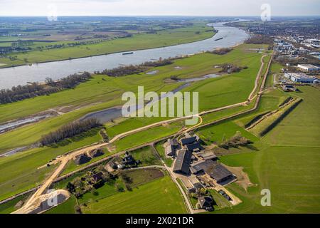 Luftaufnahme, Deich zwischen Dornick und Dornicksche Ward Landschaftsschutzgebiet LSG und Flughafen Emmerich-Palmersward, Vrasselt, Emmerich am Rhein, Stockfoto