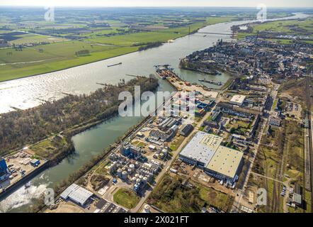 Luftaufnahme, Emmerich Containerhafen und Rhein, Baustelle mit neuem Hallenkomplex der Immobilienfirma Hillwood an der Reeser Straße, Oleon Stockfoto