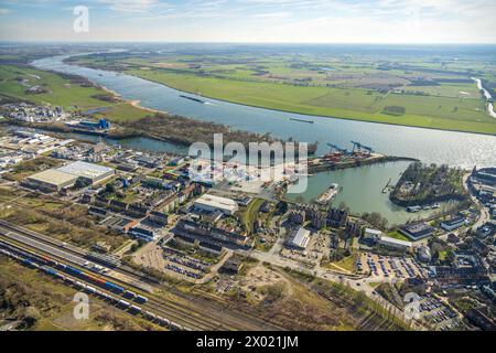 Luftaufnahme, Emmerich Containerhafen und Rhein, Baustelle mit neuem Hallenkomplex der Immobilienfirma Hillwood an der Reeser Straße, Oleon Stockfoto