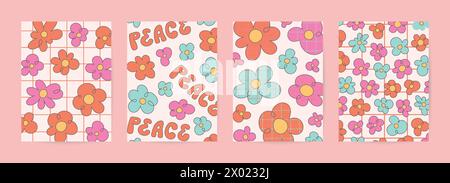 Groovige Cartoon Hippie-Kartenvorlagen. Retro-Poster mit psychedelischen Blumen. Stock Vektor