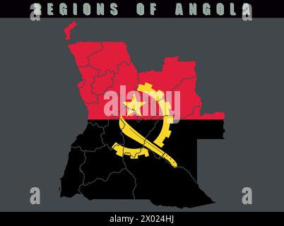 Karte des Landes Angola. Detaillierte Vektorkarte von Angola nach Region. Karte von Angola mit Flagge. Stock Vektor