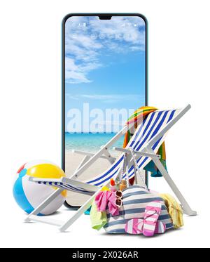 Strandliegestuhl zum Sonnenbaden, isoliert auf weißem Hintergrund mit Mobiltelefon mit Meer in großem Bildschirm, Konzept ein Sommerurlaub am Strand, Online-Sho Stockfoto