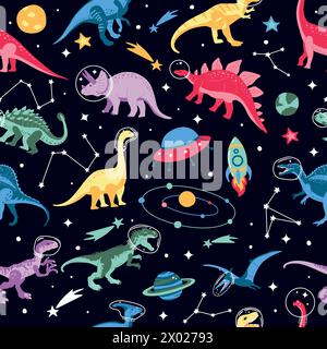 Astronauten-Dinosaurier-Charakter. Niedliches, nahtloses Raummuster. Dinosaurier, Raumschiff, Raketenvektordruck. Stock Vektor
