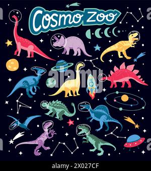 Astronauten-Dinosaurier-Design. Niedliche Illustration. Dinosaurier, Raumschiff, Raketenvektordruck. Stock Vektor