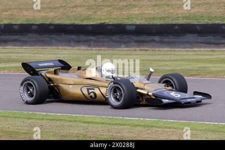 Emerson Fittipaldis 1971 Lotus-Pratt & Whitney 56B Gasturbinenwagen F1. 75 Jahre Lotus Celebration Parade. 2023 Goodwood Revival, Sussex. Stockfoto