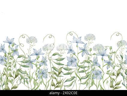 Wasserfarben-Wildblumen nahtloser Rand. Botanischer Rahmen aus wilden Blumen und Kräutern. Sommerliche Blumenkomposition Stockfoto