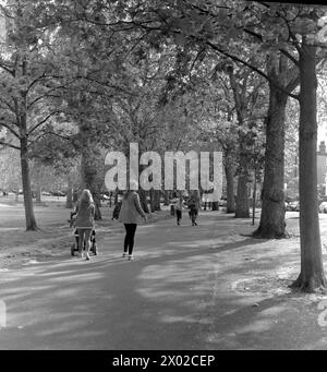 Nur wenige Meter von den Geschäften und Restaurants der Upper Street und Holloway Road entfernt befindet sich die öffentliche Einrichtung des Islington Borough Council, die mehrere Bäume umschlossene Highbury Fields in einem der teuersten Orte des Stadtteils umfasst. Bei jedem Wetter lockt es familiäre Ausflüge für Picknicks und Bbqs, Trainingsgruppen, Hundeschlittenläufer, Läufer und sogar eine jährlich stattfindende kleine Messe an. Stockfoto