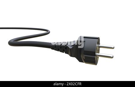 Schwarzer Netzstecker mit Kabel, isoliert auf weißem Hintergrund. 3D-Rendering Stockfoto