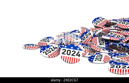 Patriotische amerikanische Wahlkampfknöpfe 2024 isoliert auf weiß. 3D-Rendering Stockfoto