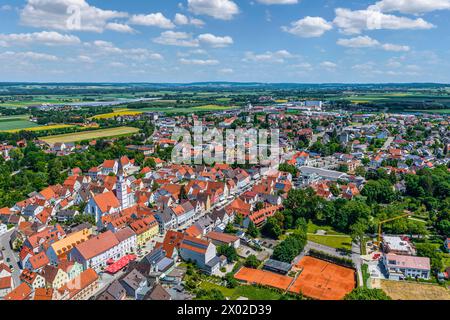 Die Stadt Rain am Lech im nordschwäbischen Kreis Donau-Ries im Luftbild Ausblick auf Rain am Lech nahe der Mündung des Lech in die Dona Rain am Lech B Stockfoto