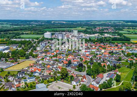 Die Stadt Rain am Lech im nordschwäbischen Kreis Donau-Ries im Luftbild Ausblick auf Rain am Lech nahe der Mündung des Lech in die Dona Rain am Lech B Stockfoto