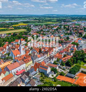 Die Stadt Rain am Lech im nordschwäbischen Kreis Donau-Ries im Luftbild Ausblick auf Rain am Lech nahe der Mündung des Lech in die Dona Rain am Lech B Stockfoto