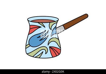 Türkischer Cezve für die Zubereitung von Kaffee dekoriert mit Tulpen. Vektorillustration isoliert auf weiß. Zeichentrickstil Stock Vektor
