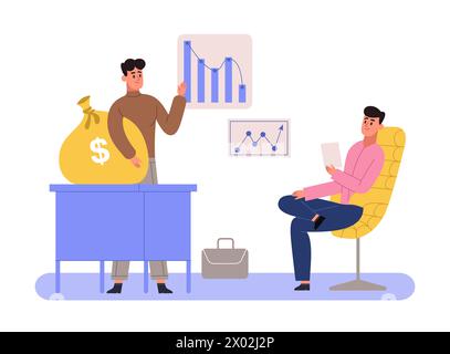 Verwalten Sie Finanzen, Unternehmensbudget, Kosten- und Ertragsanalysen. Mitarbeiter, die Finanzen analysieren Stock Vektor