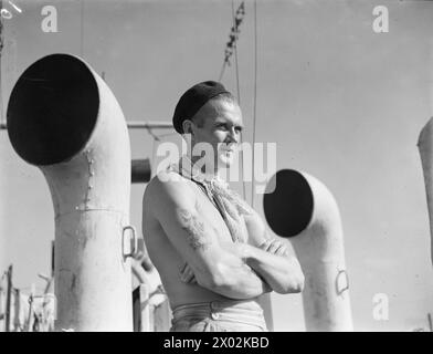 Am 18. Dezember 1942 wurden Minenräumarbeiten an Bord der HMS Calm im östlichen Mittelmeer durchgeführt. Zur Besatzung gehörte ein ehemaliger Stoker der norwegischen Handelsmarine, der kritische Kriegsaufgaben ausübte. Stockfoto