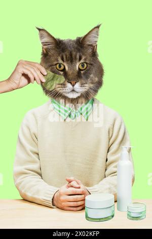 Entspannende Behandlungen für Katzen. Katze, die eine Massage mit Gua-Sha-Werkzeug und Hautpflegeprodukten auf dem Tisch hat. Zeitgenössische Kunstcollage. Stockfoto