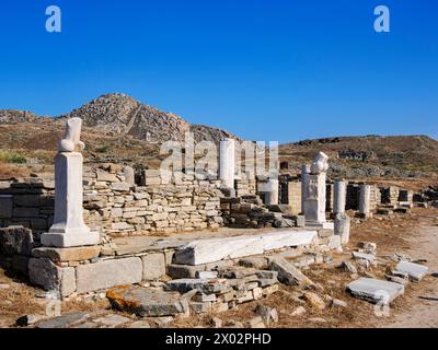 Blick auf den Berg Kynthos, die archäologische Stätte von Delos, das UNESCO-Weltkulturerbe, die Insel Delos, die Kykladen, die griechischen Inseln, Griechenland, Europa Stockfoto