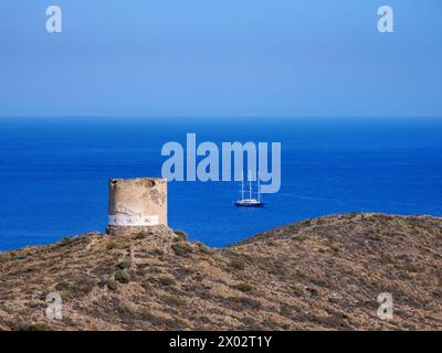 Alte Mühle in der Nähe des Dorfes Akrotiri, Insel Santorini (Thira), Kykladen, griechische Inseln, Griechenland, Europa Stockfoto