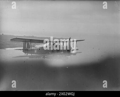 AUSBILDUNG VON LUFTWAFFENPILOTEN DER FLOTTE IM TORPEDOABWURF. ROYAL MARINEFLUGSTATION, CRAIL. - Fairey Schwertfisch Mk I Naval Torpedoflugzeug im Flug. (785 Sqd) Stockfoto