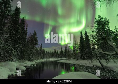 Nordlichter (Aurora Borealis) reflektieren im ruhigen Wasser eines Flusses, sternenklaren Himmel über dem mit Schnee bedeckten Wald, Akaslompolo Stockfoto