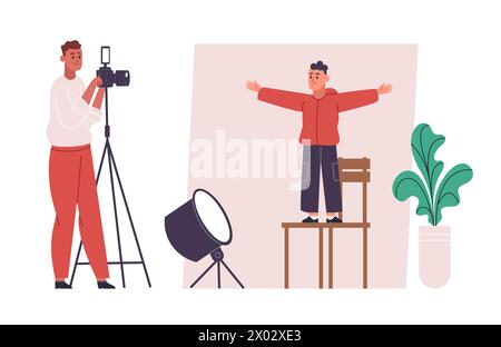 Fotografen und Modelle, professionelle Kameramann-Workflow-Prozesse Stock Vektor