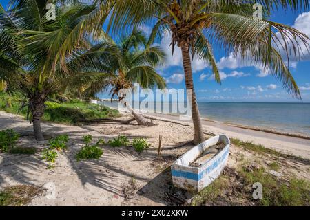 Blick auf das rustikale Kanu Boot am Strand in der Nähe von Puerto Morelos, Karibikküste, Yucatan Halbinsel, Mexiko, Nordamerika Stockfoto