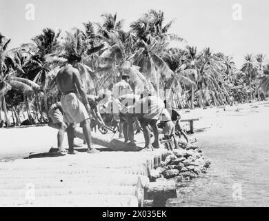 8. NOVEMBER 1944 – Foto der GILBERT-INSELN, einer Gruppe britischer Inseln im Pazifischen Ozean, die nach der Besetzung durch die Japaner wieder an die britische Regierung zurückgegeben wurde. Im November 1943 starteten amerikanische Truppen einen Angriff auf die Inseln und nahmen sie angesichts des verwelkenden japanischen Feuers ein. Auf Apamana Island in den Gilberts lebte Robert Louis Stevenson in einem Haus, das der Tyrannenkönig Tem Binoka für ihn erbaute. Das Bild zeigt: Männer des Gilbert- und Ellice-Inseln-Arbeitskorps Stockfoto