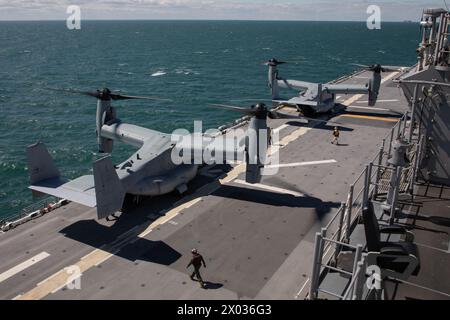 Die Ospreys des US Marine Corps mit der mittleren Tiltrotor Squadron 365 (verstärkt), der 24. Marine Expeditionary Unit (MEU), führen die MV-22 Osprey-Flugoperationen durch Stockfoto