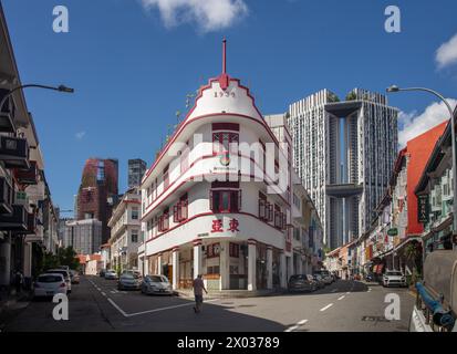 Blick auf 36 Keong Saik Rd, historisches Shophouse in Tanjong Pagar Singapur mit Potato Head Restaurant Stockfoto