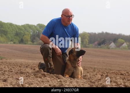 Torsten Wenzel 57 Mitglied im Hundesportverein Güstrow e.V. trainiert am Dienstag 09.04.2024 in Linstow Landkreis Rostock mit seinem Belgischen Schäferhund BAM von null auf Hundert 4 die Fährtenarbeit. Im Ort beginnt am Nachmittag die Weltmeisterschaft der Fährtenhunde. An der Veranstaltung, die bis zum Sonntag 14.04.2024 dauert, beteiligt sich 48 Hunde aus 22 Nationen. Sie haben bei dieser Aufgabe, eine von einem sogenannten Fährtenleger erzeugte Spur genau nachschnüffeln und verfolgen. Dabei dürfen sie sich auch von nichts ablenken lassen, wenn sie die Meisterschaft gewinnen woll Stockfoto