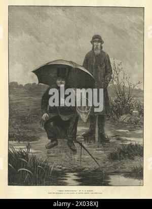 Zwei Männer fischen in einem Fluss, während eines Regensturms, große Erwartungen, 1881, Vintage Illustration 19. Jahrhundert Geschichte. Stockfoto