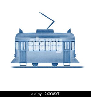 Gelbe Straßenbahn Nr. 28. In der monochromen Technik der Azulejo-Fliesenfarben blau und weiß. Aquarellabbildung. Element der Azulejo-Fliesen. Für Stockfoto