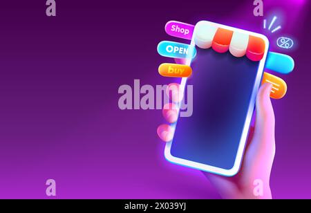 Shopping-Smartphone, Screen Box Pay, Online-Markt. Vektor Stock Vektor