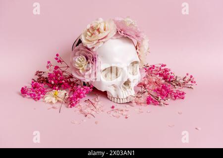 Der weiße Schädel sieht hübsch aus, umgeben von getrockneten Blumen und Pflanzen mit Zweigen auf einer weichen rosa Oberfläche Bild 2 Stockfoto