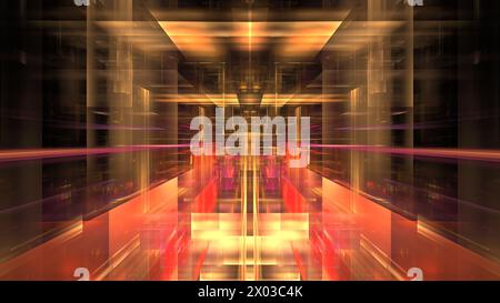Symmetrische Lichtstreifen erzeugen eine Illusion von Tiefe in einem dunklen, gespiegelten Durchgang. 3D-Rendering Stockfoto