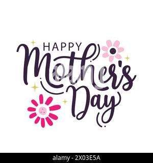 Happy Mother's Day Kalligrafie mit Blumen und Lochlinien. Schönes Typografie-Design mit Text von Happy Mother's Day. Muttertagsgruß Stock Vektor