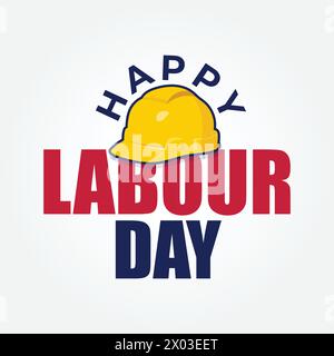 Happy Labour Day Typografie Design mit einer isolierten gelben Konstruktion Helm Vektor Illustration. Schutzhelm für den Labor Day. 1. Mai Arbeitstag Stock Vektor