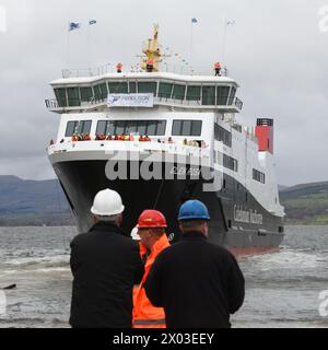 April 2024. Greenock Schottland, Großbritannien. Ferguson Marine startet ihre zweite Fähre „Glen Rosa“, die für Caledonia Maritime Assets Limited gebaut wurde, um die Insel Arran zu bedienen. Gutschrift. Douglas Carr/Alamy Live News Stockfoto