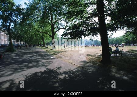 Nur wenige Meter von den Geschäften und Restaurants der Upper Street und Holloway Road entfernt befindet sich die öffentliche Einrichtung des Islington Borough Council, die mehrere Bäume umschlossene Highbury Fields in einem der teuersten Orte des Stadtteils umfasst. Bei jedem Wetter lockt es familiäre Ausflüge für Picknicks und Bbqs, Trainingsgruppen, Hundeschlittenläufer, Läufer und sogar eine jährlich stattfindende kleine Messe an. Stockfoto