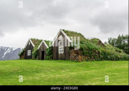 Erdrasenhäuser in Island mit großen Bergen im Hintergrund Stockfoto