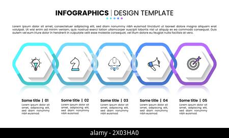 Infografik-Vorlage mit Symbolen und 5 Optionen oder Schritten. Sechsecke. Kann für Workflow-Layout, Diagramm, Banner, webdesign verwendet werden. Vektordarstellung Stock Vektor