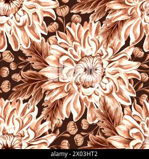 Nahtloses Muster monochrom aus Chrysantheme mit Blättern auf dunklem Hintergrund. Handgezeichnete Aquarellillustration braune Farbe. Gartenblumen. Templat Stockfoto