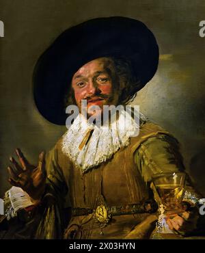 Der fröhliche Trinker - Ein Miliz, der einen Berkemeyer hält, bekannt als der fröhliche Trinker Frans Hals, 1582-1666, Antwerpen-Haarlem, Niederländisch, Niederlande, 17. Jahrhundert, niederländisches Goldenes Zeitalter ( Er malte lebendige, manchmal sogar fröhliche Porträts von Menschen aller Ebenen der Gesellschaft, wichtigen Menschen, frechen Kindern und sogar Betrunkenen oder Menschen, die für verrückt erklärt wurden. ) Stockfoto