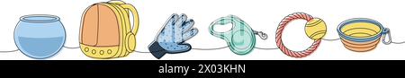 Sammlung von Tierzubehör. Aquarium, Terrarium, Rucksackträger, Haarentferner-Handschuh, Maßband-Leine, Kauspielzeug für Hunde, tragbare Wasserschale Stock Vektor