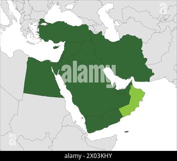 Hellgrüne Karte von OMAN im Inneren hervorgehoben dunkelgrüne Karte des Nahen Ostens Stock Vektor