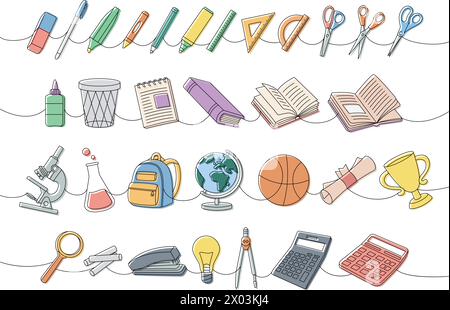 Sammlung von Schulmaterialien eine Linie farbige fortlaufende Zeichnung. Bleistift, Büroklammer, Radiergummi, Diplom, Trophäe, Schultasche, Kugel, Schere, Taschenrechner Stock Vektor