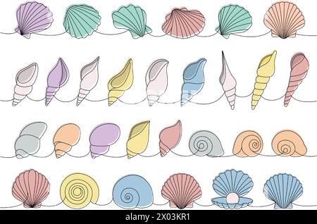 Muschelschalen-Set. Muscheln, Muscheln, Jakobsmuscheln, Perlen. Tropische Unterwasserschalen durchgehende einzeilige Illustration. Stock Vektor