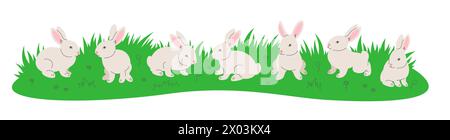 Niedliche kleine Hasen spielen auf grüner Wiese. Handgezeichnete lineare Zeichentrickbabinchen in verschiedenen Posen, die im grünen Gras sitzen. Horizontale Stiftleiste banne Stock Vektor